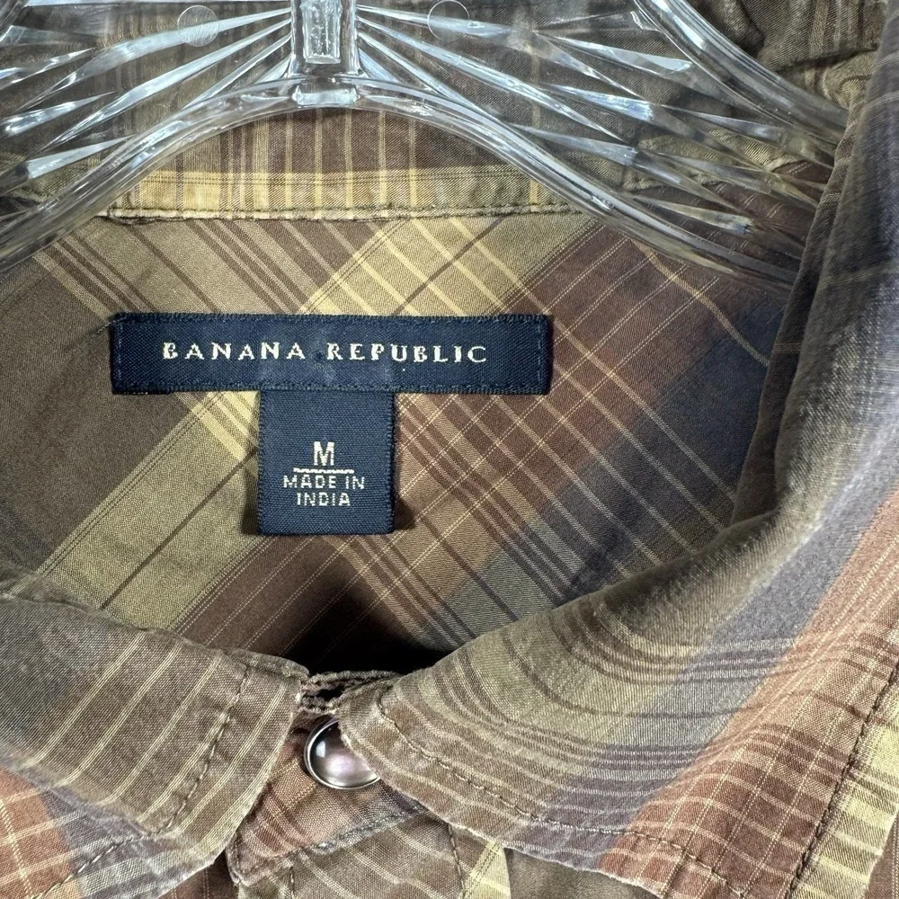 Banana Republic Pearl Snap Western Shirt Mens M Brown Plaid Has Flaws SEE PHOTOS
